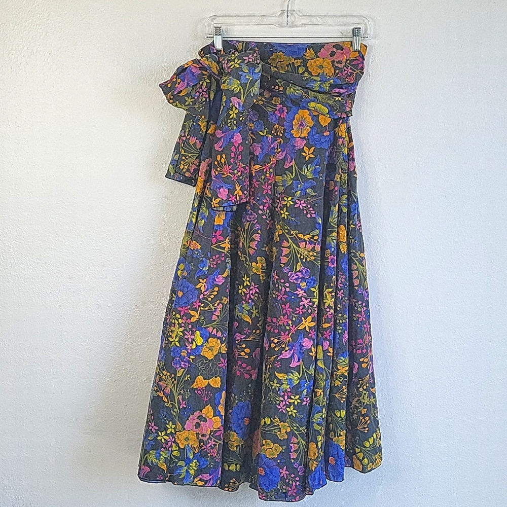 Rare Jonker Gallery Dark Gray Multicolored Floral Maxi Skirt Side-Zip Tie Waist